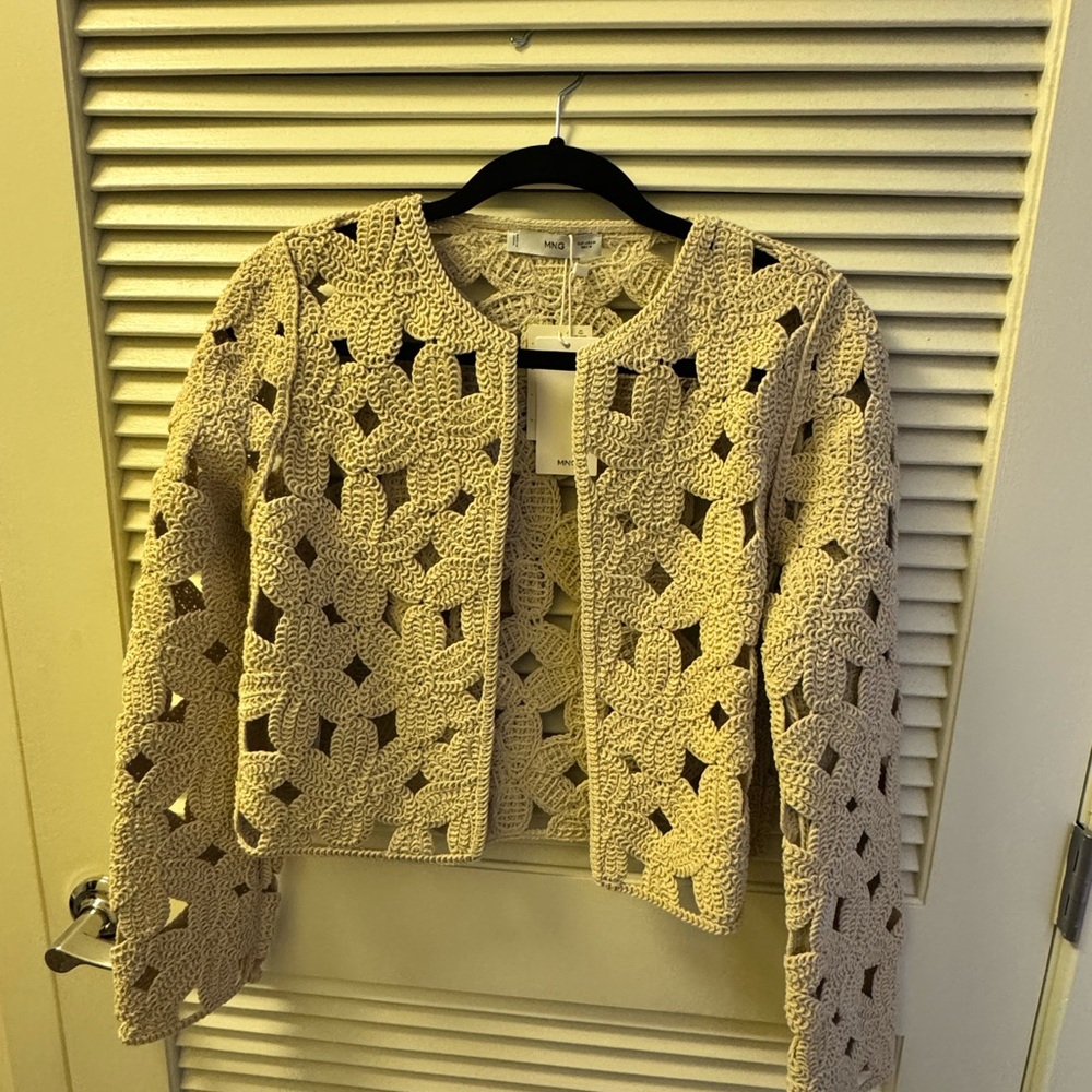 Cream Crochet Open-Front Cardigan